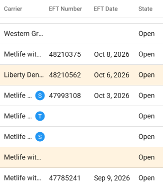 Worklist columns Carrier, EFT Number, EFT Date and State, with EFT numbers and dates filled in on four rows