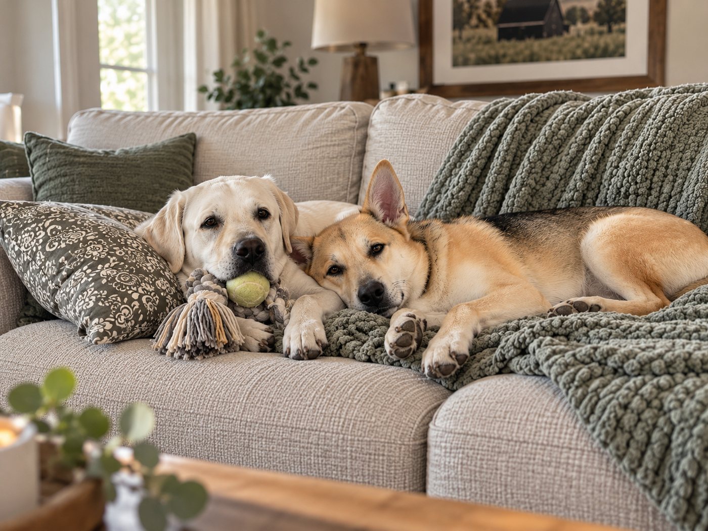 Two dogs curled up together on a couch with a green knit blanket, one holding a tennis ball toy