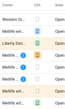 Worklist columns Carrier, ERA and State, with blue, green and orange receipt icons and dashed empty states