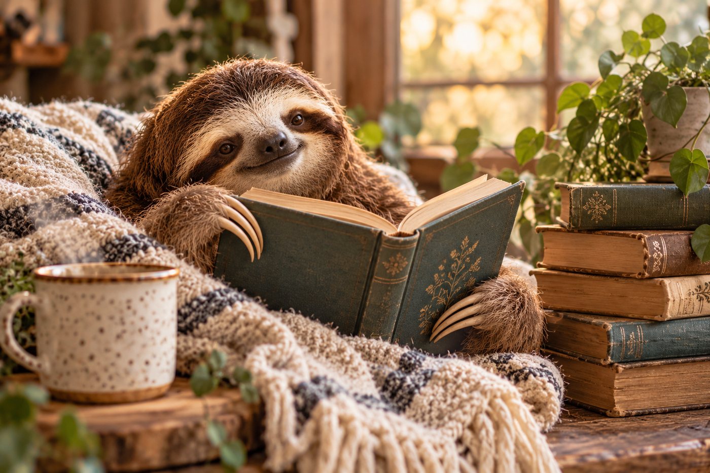 A smiling sloth reading a book under a knit blanket, next to a mug and a stack of old books